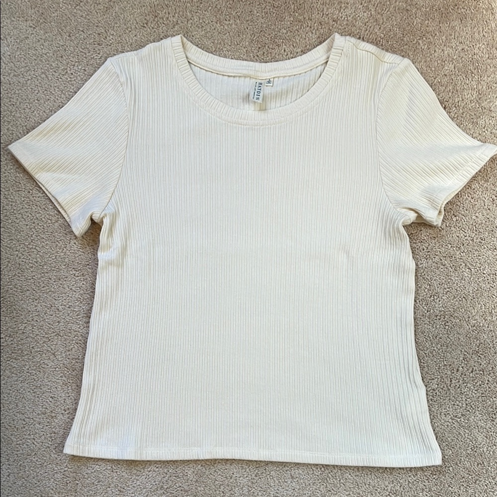 Cream Ribbed Fitted Short Sleeve Tee